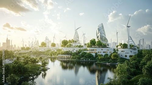 A photorealistic depiction of a futuristic city embracing sustainability, with tree-lined streets, energy-efficient buildings, and a skyline dotted with wind turbines