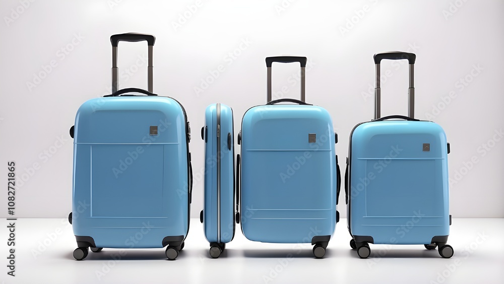 Blue hard-shell suitcases are displayed from various angles on a white background. The image showcases a clean and minimalist design of modern travel luggage. 3D Rendering See Blue hard-shell suitcases are displayed from various angles on a white background. The image showcases a clean and minimalist design of modern travel luggage. 3D Rendering See