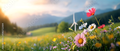 Harnessing renewable energy wind turbines among vibrant wildflowers