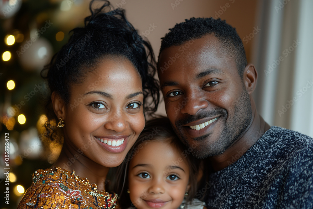 Happy interracial family enjoying Christmas together, smiling and laughing in a selfie at home, capturing festive holiday moments. Happy interracial family enjoying Christmas together, smiling and laughing in a selfie at home, capturing festive holiday moments.
