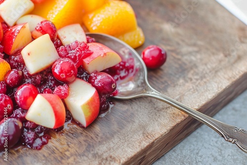 cranberry relish with visible chunks of apple and orange, spooned onto a rustic wooden serving board photo