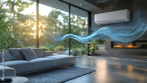 A modern white air conditioner with blue waves of cool breeze flowing out, set in an indoor living room environment. 