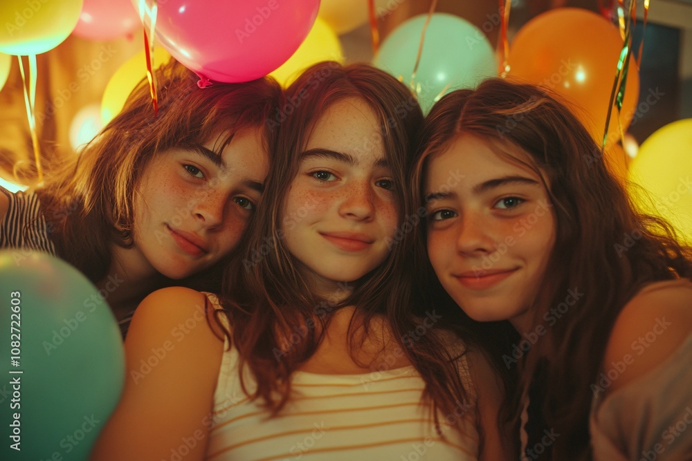 Happy teenage friends of different backgrounds celebrating birthday, colorful balloons and streamers, lively room, warm lighting, close-up on faces 2 Happy teenage friends of different backgrounds celebrating birthday, colorful balloons and streamers, lively room, warm lighting, close-up on faces 2