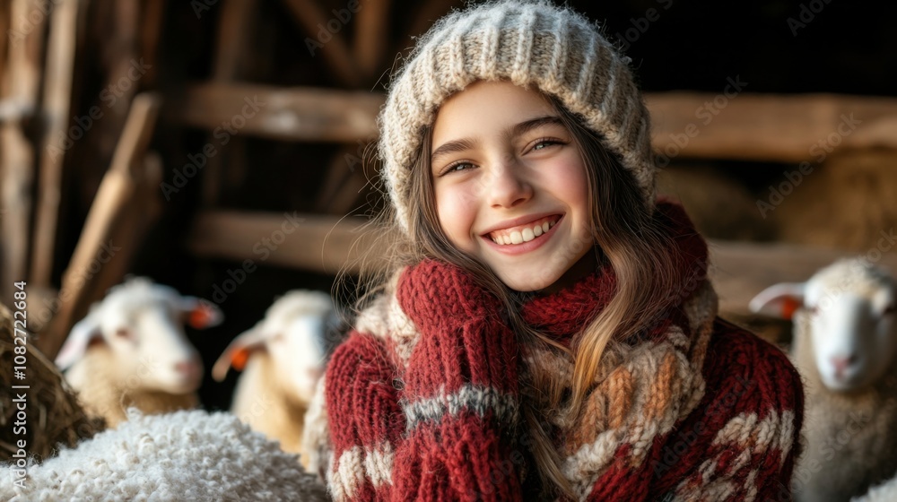 A cheerful girl smiling warmly in a rustic barn surrounded by sheep, symbolizing rural life and childhood joy A cheerful girl smiling warmly in a rustic barn surrounded by sheep, symbolizing rural life and childhood joy