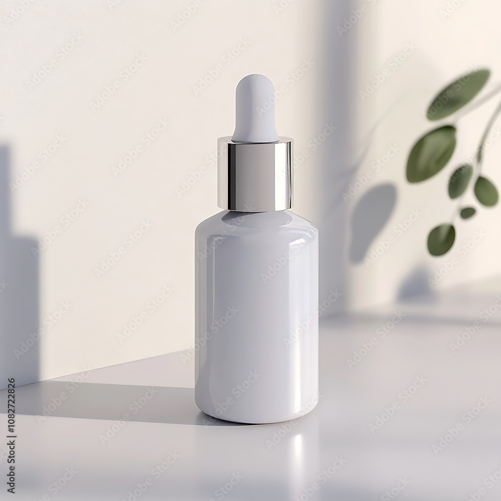 White Dropper Bottle with Silver Lid on White Surface White Dropper Bottle with Silver Lid on White Surface