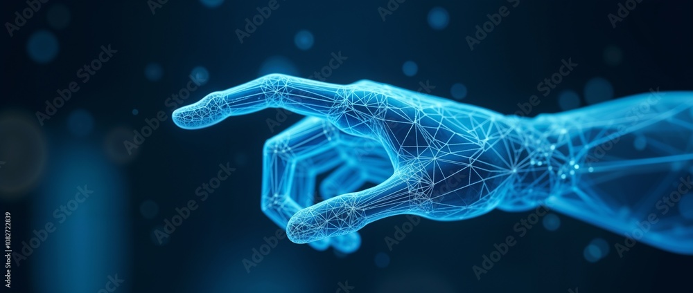 Futuristic wireframe robot hand with low polygonal design and digital glow in blue virtual environment