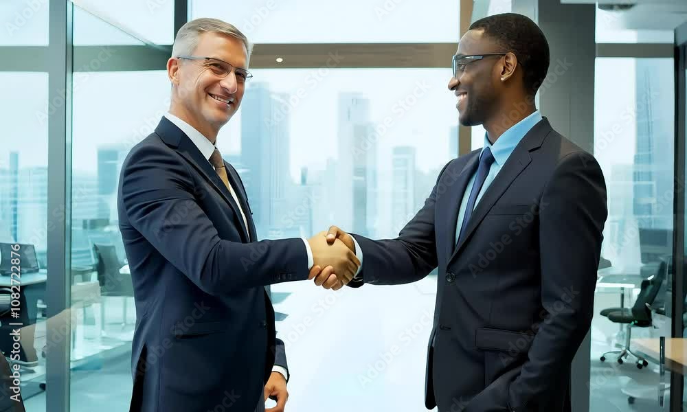 Handshake Between Two Happy Businessman Partners, Emphasizing Trust and Successful Collaboration in Modern Office Building Handshake Between Two Happy Businessman Partners, Emphasizing Trust and Successful Collaboration in Modern Office Building