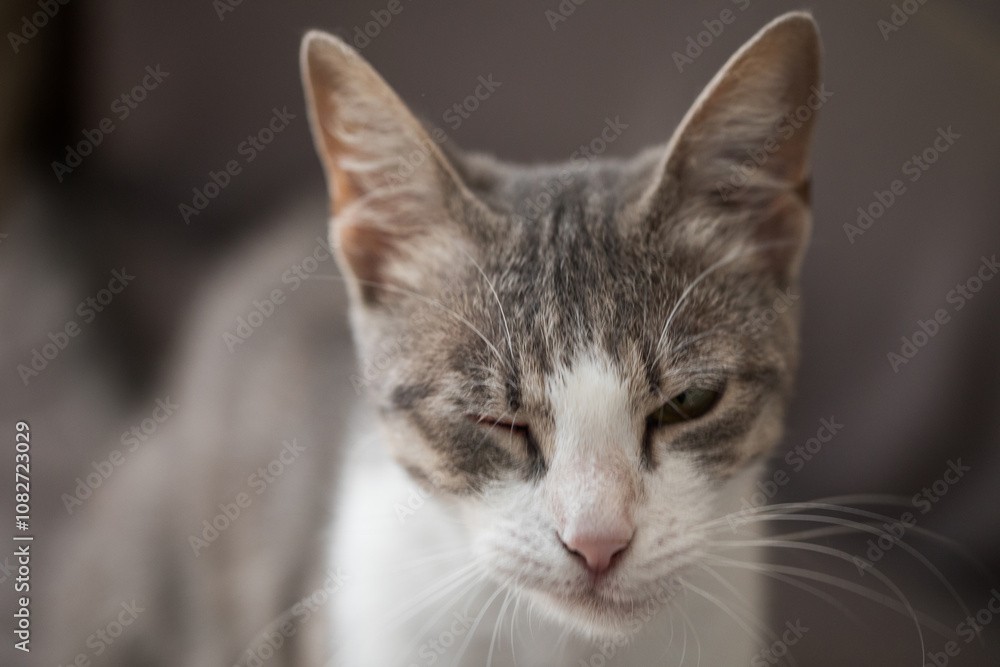 Domestic tabby cat with conjunctivitis Domestic tabby cat with conjunctivitis