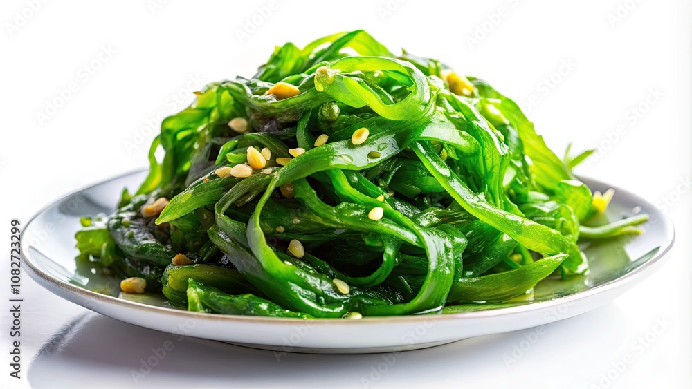 Wakame algae on a white background showcases its vibrant green hue, representing a nutritious ingredient perfect for enhancing culinary dishes and promoting healthy eating habits. Wakame algae on a white background showcases its vibrant green hue, representing a nutritious ingredient perfect for enhancing culinary dishes and promoting healthy eating habits.
