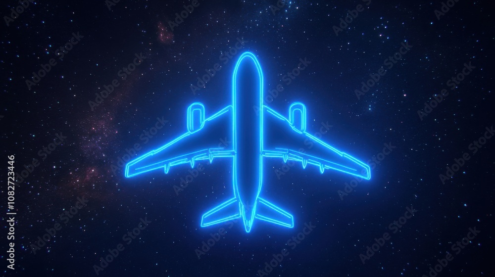Neon blue airplane symbol glowing against a starry sky, representing travel, aviation, and global connectivity Neon blue airplane symbol glowing against a starry sky, representing travel, aviation, and global connectivity
