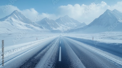 a snowcovered road that gracefully leads to majestic, towering mountains