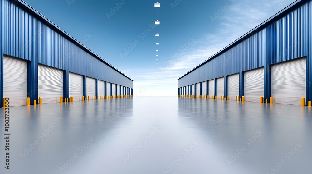 Logistics warehouse building, a blue sky background Logistics warehouse building, a blue sky background