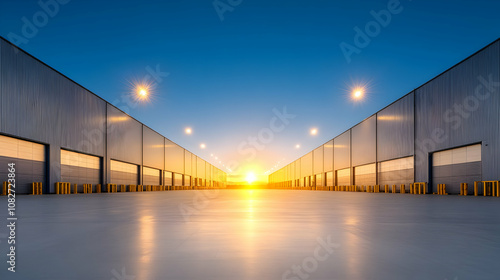 Logistics warehouse building, a blue sky background