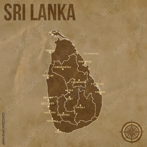 Vintage SRI LANKA Map with Regions Borders and Major Cities Positions