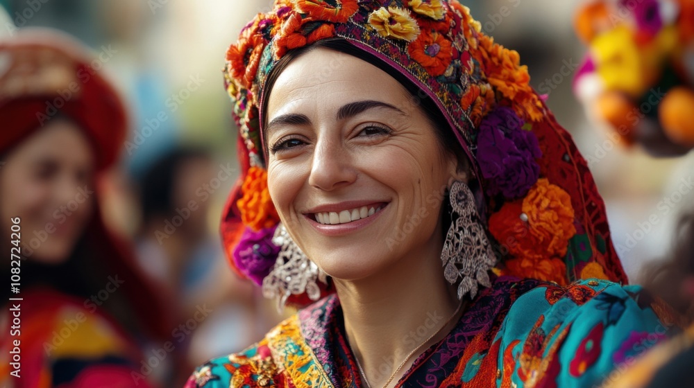 A woman in traditional Armenian attire celebrates a cultural festival with colorful garments and a joyful expression A woman in traditional Armenian attire celebrates a cultural festival with colorful garments and a joyful expression