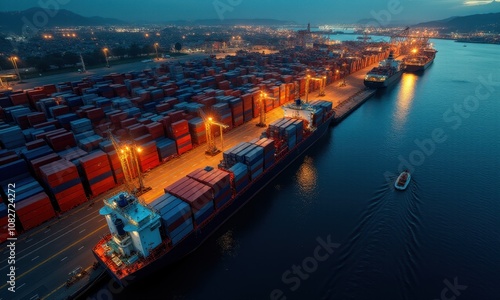 Aerial shot of a container terminal with illuminated containers.