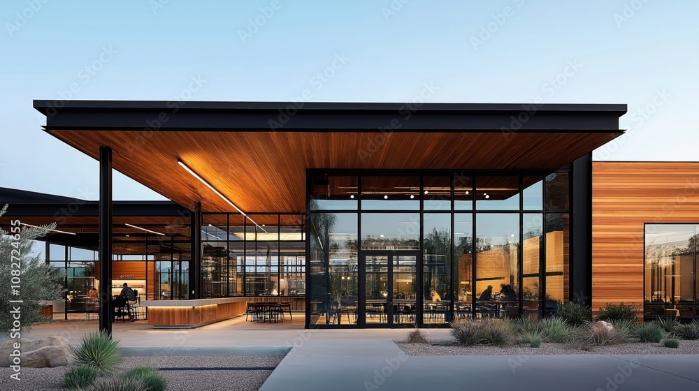 Modern architectural building with large glass windows and wooden detailing featuring outdoor seating area and minimalist landscaping design. Modern architectural building with large glass windows and wooden detailing featuring outdoor seating area and minimalist landscaping design.