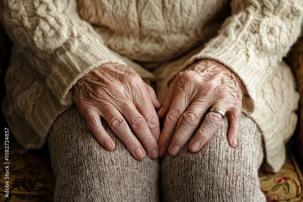 Elderly woman with a painful knee joint, close-up view, wrinkled hands supporting knee, natural lighting, indoors 3 Elderly woman with a painful knee joint, close-up view, wrinkled hands supporting knee, natural lighting, indoors 3