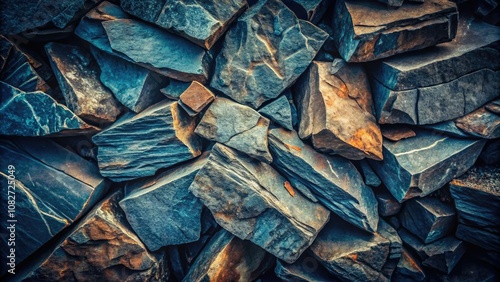 With a vintage flair, deep blue slate rocks reveal a cracked texture, showcasing their rugged surface through captivating photography that highlights nature's enduring allure.