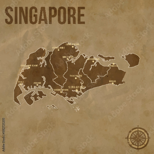 Vintage SINGAPORE Map with Regions Borders and Major Cities Positions