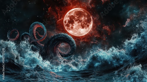 Kraken Rising from Cosmic Waters: Blood Moon Eclipse and Tentacles Intertwined with Pisces Constellation. Captivating Digital Background for Coaching and Shadow Work. High-Res Detail.