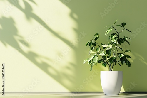 Plantas em vasos brancos com luz natural projetando sombras nas paredes em tons de verde claro, ambiente minimalista e tranquilo, criado por IA generativa.