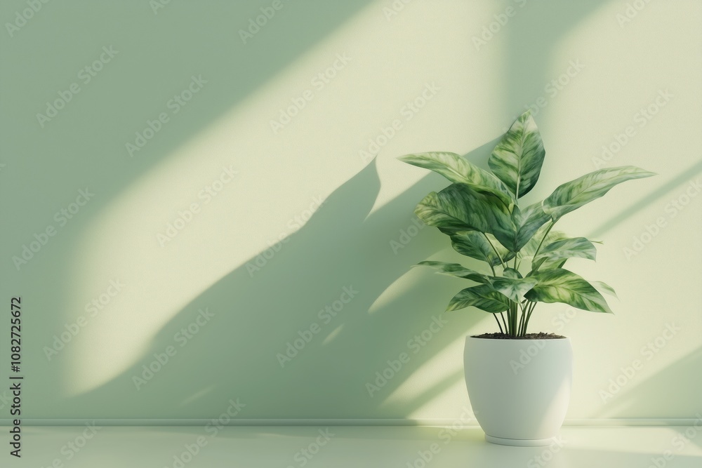Plantas em vasos brancos com luz natural projetando sombras nas paredes em tons de verde claro, ambiente minimalista e tranquilo, criado por IA generativa. Plantas em vasos brancos com luz natural projetando sombras nas paredes em tons de verde claro, ambiente minimalista e tranquilo, criado por IA generativa.
