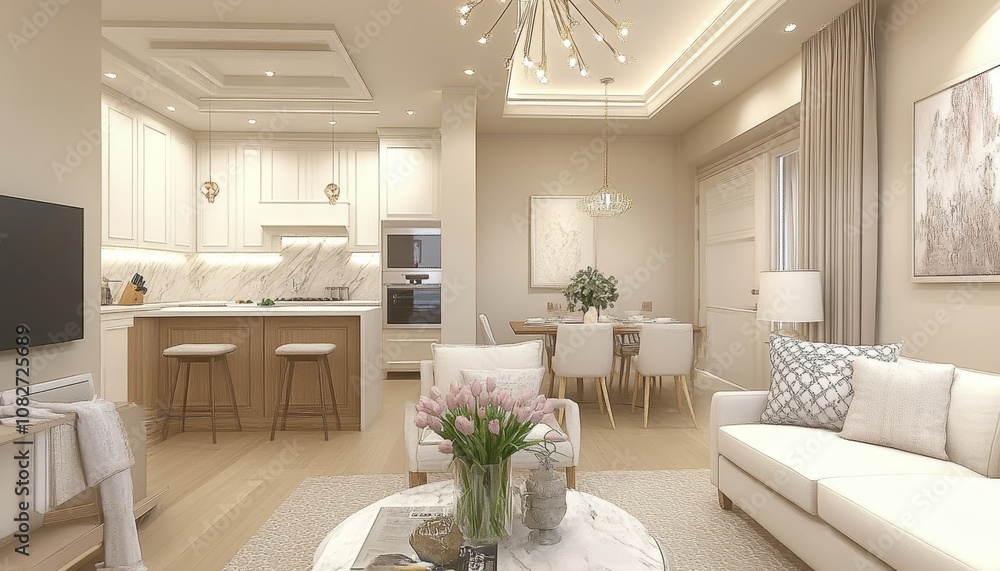 Fototapeta premium Spacious Modern Studio Apartment Interior with Scandinavian Design. Open Plan Living Space.