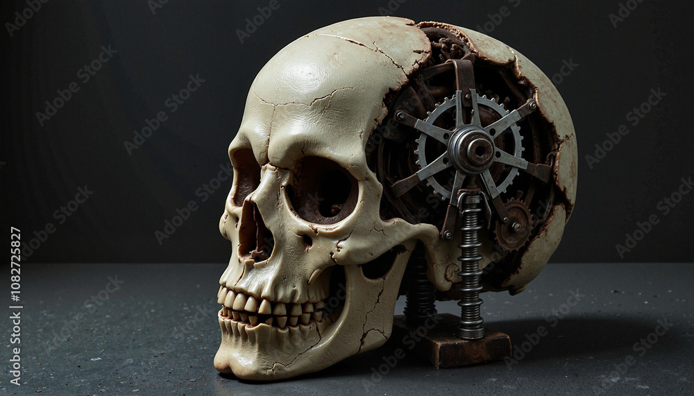 Skull with mechanical gears on dark surface. Skull with mechanical gears on dark surface.