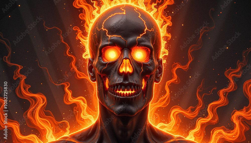 Gothic skull with engravings, lit by candles. Flaming black skull with glowing orange eyes. Gothic skull with engravings, lit by candles. Flaming black skull with glowing orange eyes.