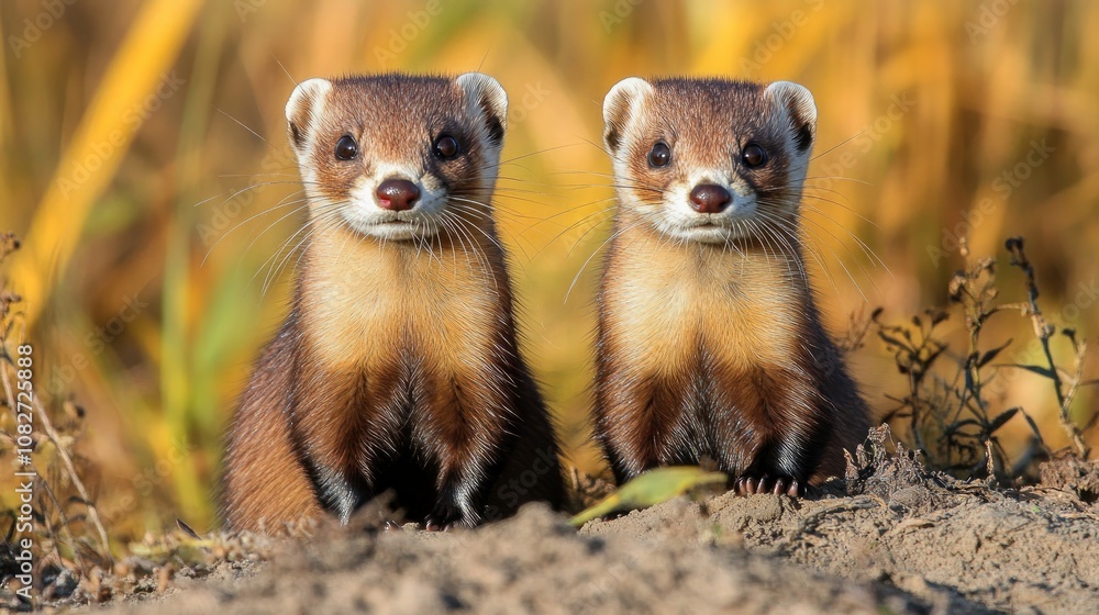 Two long-bodied, brown and white weasels with black eyes, standing on a dirt mound with tall yellow grass in the background, staring directly at the camera. Two long-bodied, brown and white weasels with black eyes, standing on a dirt mound with tall yellow grass in the background, staring directly at the camera.