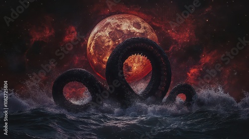 Kraken Rising from Cosmic Waters: Blood Moon Eclipse and Tentacles Intertwined with Pisces Constellation. Captivating Digital Background for Coaching and Shadow Work. High-Res Detail.