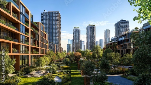 An advanced eco-city with modern solar-powered buildings, smart eco-solutions in urban planning, and green infrastructure woven into the cityscape, highly detailed and realistic photo