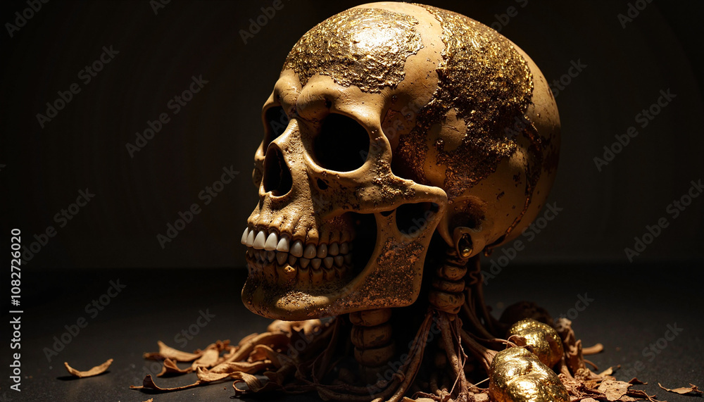Gothic skull with engravings, lit by candles. Golden skull with detailed texture surrounded by leaves Gothic skull with engravings, lit by candles. Golden skull with detailed texture surrounded by leaves