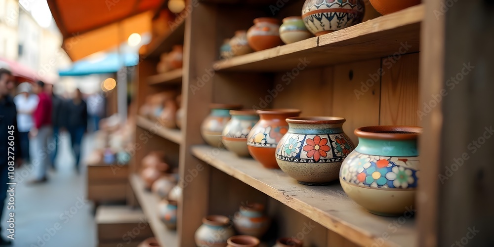Fototapeta premium vibrant scene of colorful handcrafted pottery displayed on rustic wooden shelves at a bustling local artisan market. 