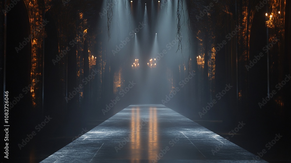 Fototapeta premium Dark, mysterious runway with spotlights and hanging candles.