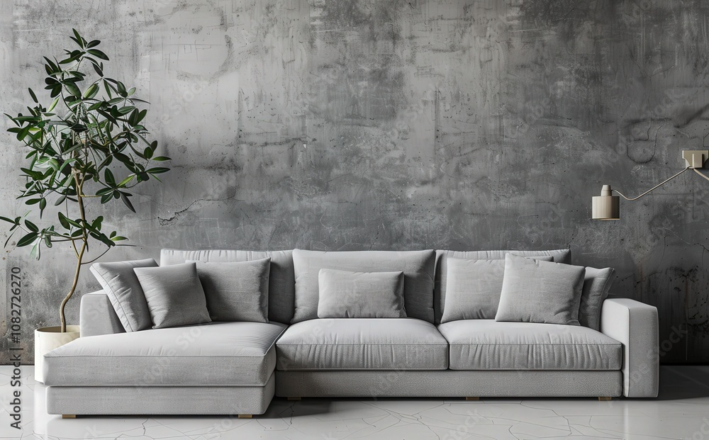 A modern living room with a grey sectional sofa, two potted plants, and a concrete wall in the background A modern living room with a grey sectional sofa, two potted plants, and a concrete wall in the background
