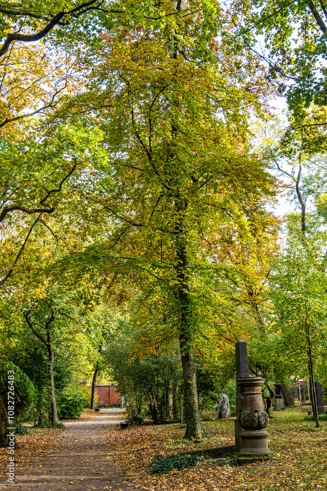 Naklejka premium Autumn view of famous Old North Cemetery of Munich, Germany with historic gravestones.