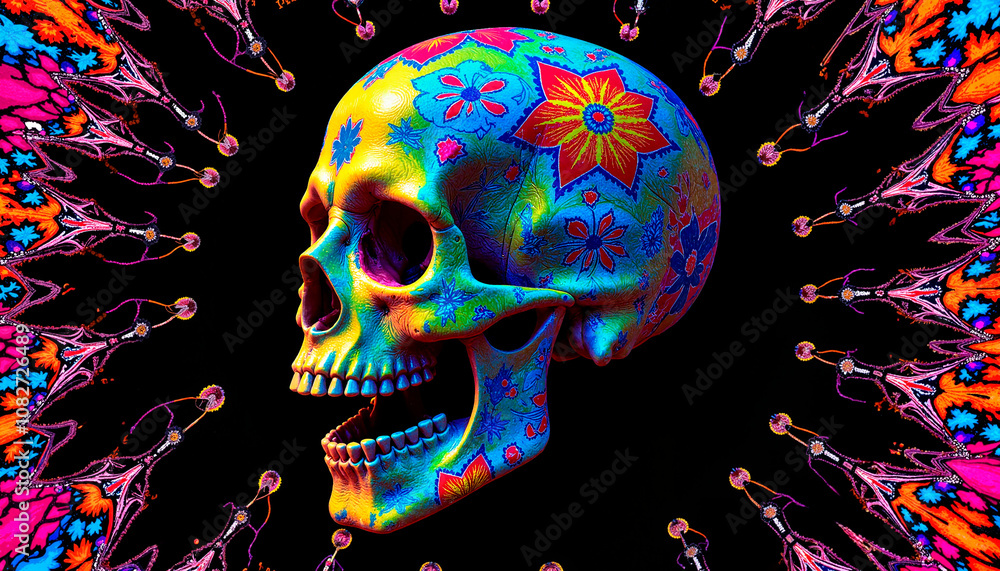 Illustration of a human skull with floral patterns. Vibrant painted skull with psychedelic patterns Illustration of a human skull with floral patterns. Vibrant painted skull with psychedelic patterns