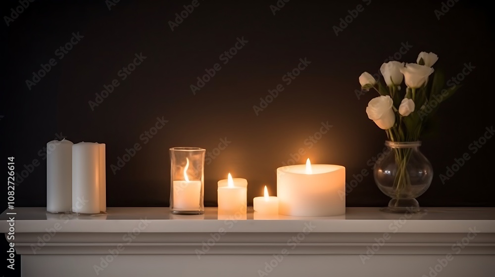 Lit candles and white roses on a white mantle Lit candles and white roses on a white mantle
