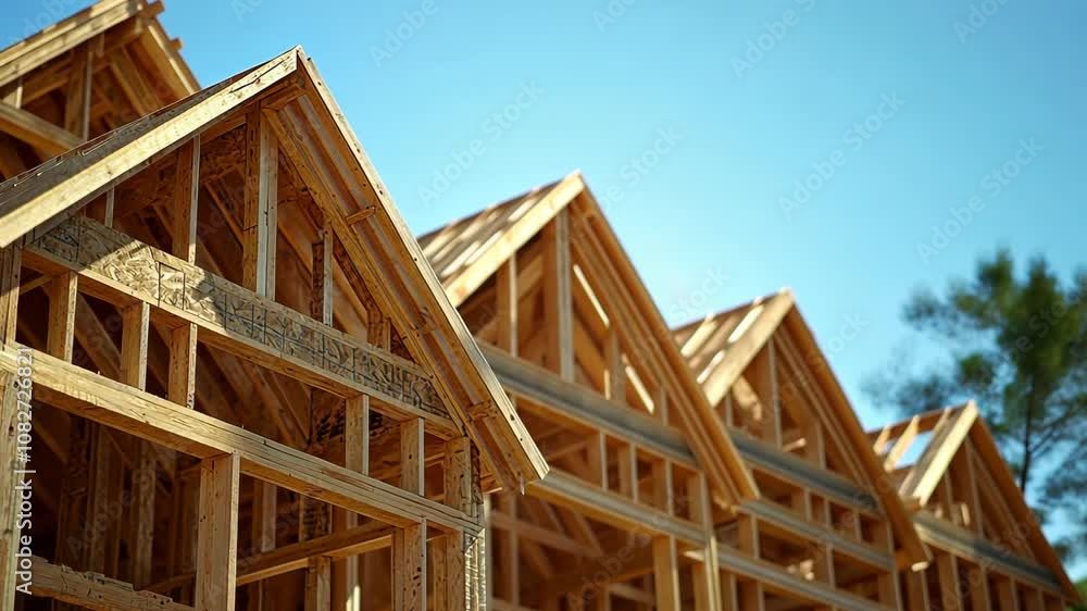 A row of new houses under construction with a clear blue sky overhead A row of new houses under construction with a clear blue sky overhead