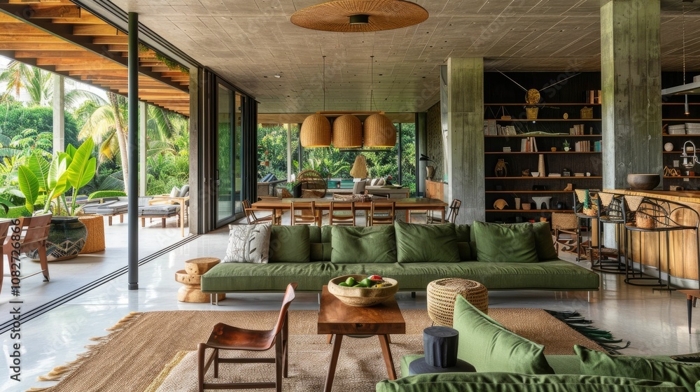 Open-concept living space with green-themed decor Open-concept living space with green-themed decor