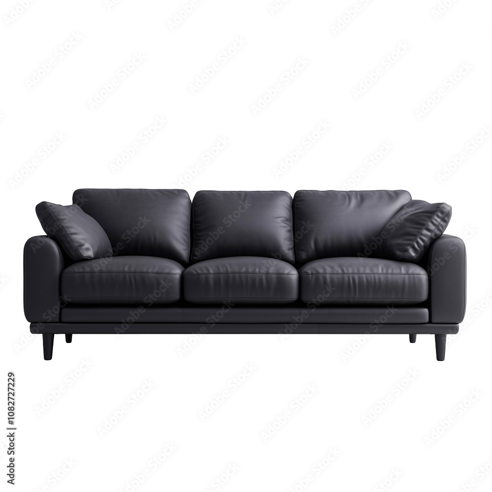 A sleek leather modern grey sofa isolated on a transparent background A sleek leather modern grey sofa isolated on a transparent background