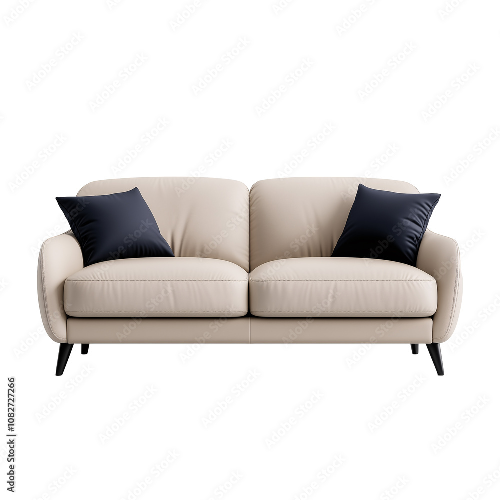 Modern beige leather sofa with navy blue pillows isolated on a transparent background Modern beige leather sofa with navy blue pillows isolated on a transparent background