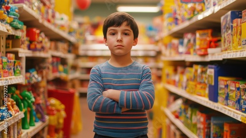 Boy standing in a toy store aisle with crossed arms, surrounded by colorful toy options