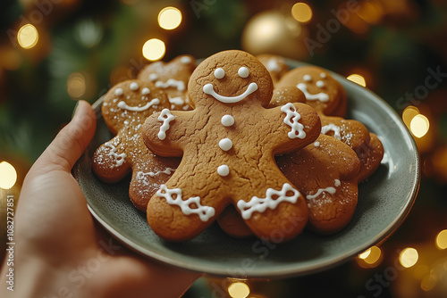 Lovely Christmas dessert: artistically decorated gingerbread cookie on a plate, perfect for family celebrations.