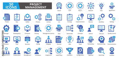 Project management icon collection set. Containing planning,scheduling,leadership,project,management,goals,target,management icon. Simple flat vector
