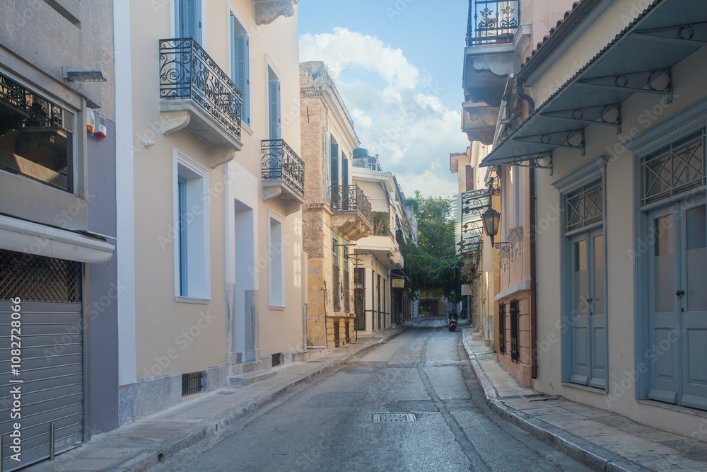 Fototapeta premium Morning street and empty road in Athens, Greece