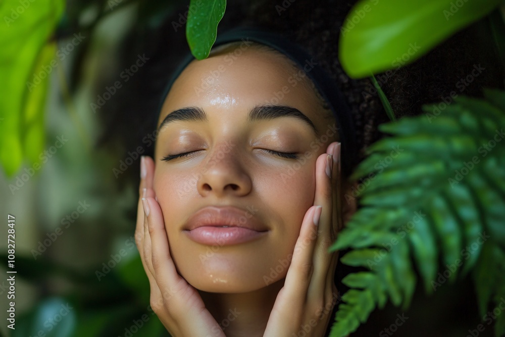 Black woman, young adult, enjoying facial treatment at spa, closed eyes, hands gently touching face, soft green backdrop, plants in view, calm lighting, medium close-up 1 Black woman, young adult, enjoying facial treatment at spa, closed eyes, hands gently touching face, soft green backdrop, plants in view, calm lighting, medium close-up 1