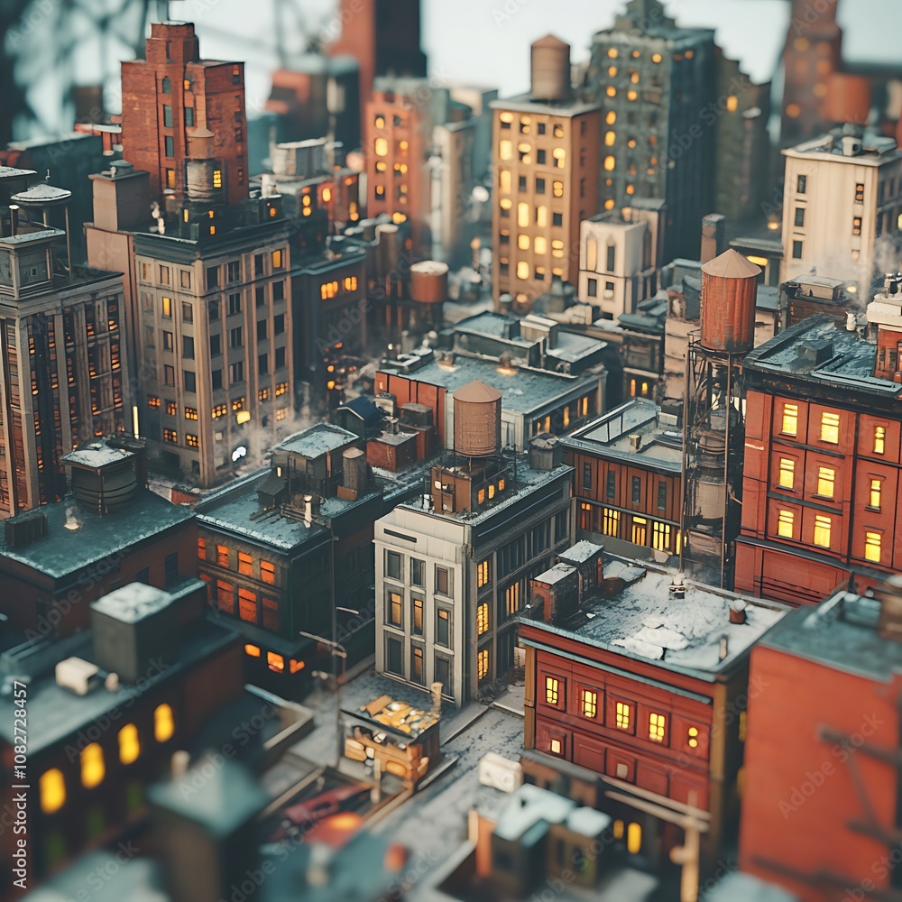 A miniature cityscape with illuminated windows and water towers